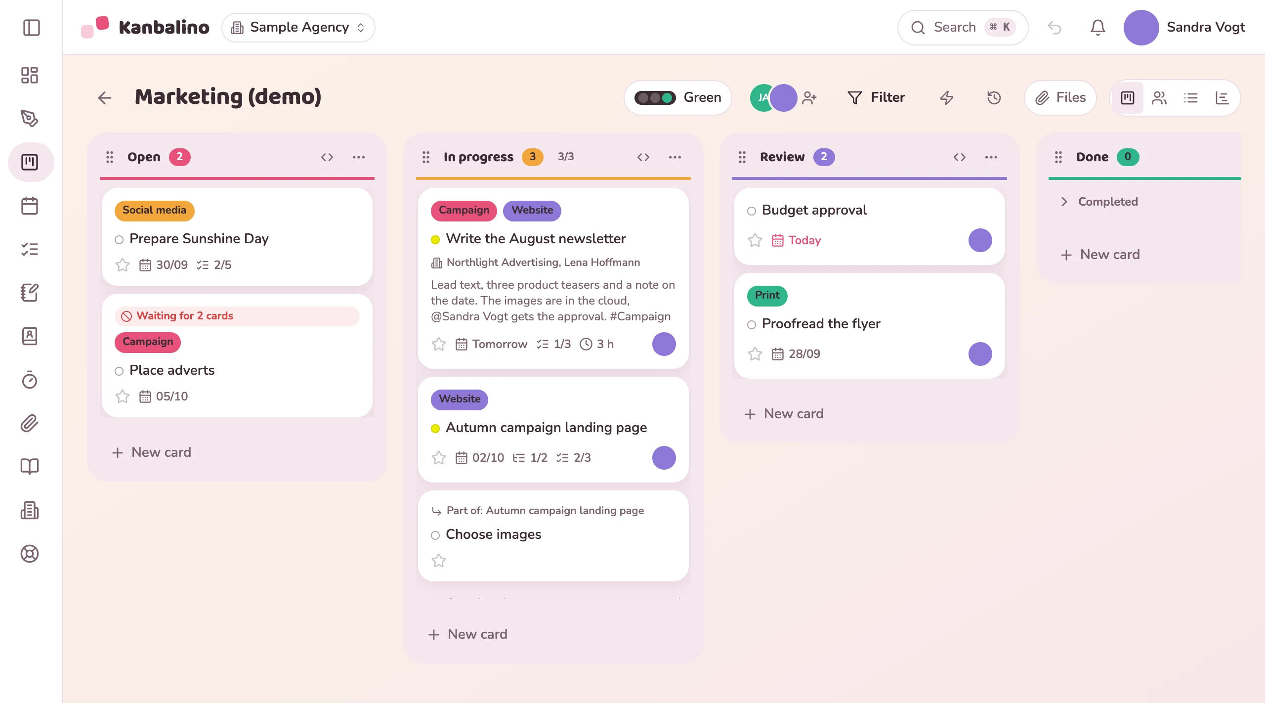 Board “Marketing (demo)” in the columns view, with the cards in their columns