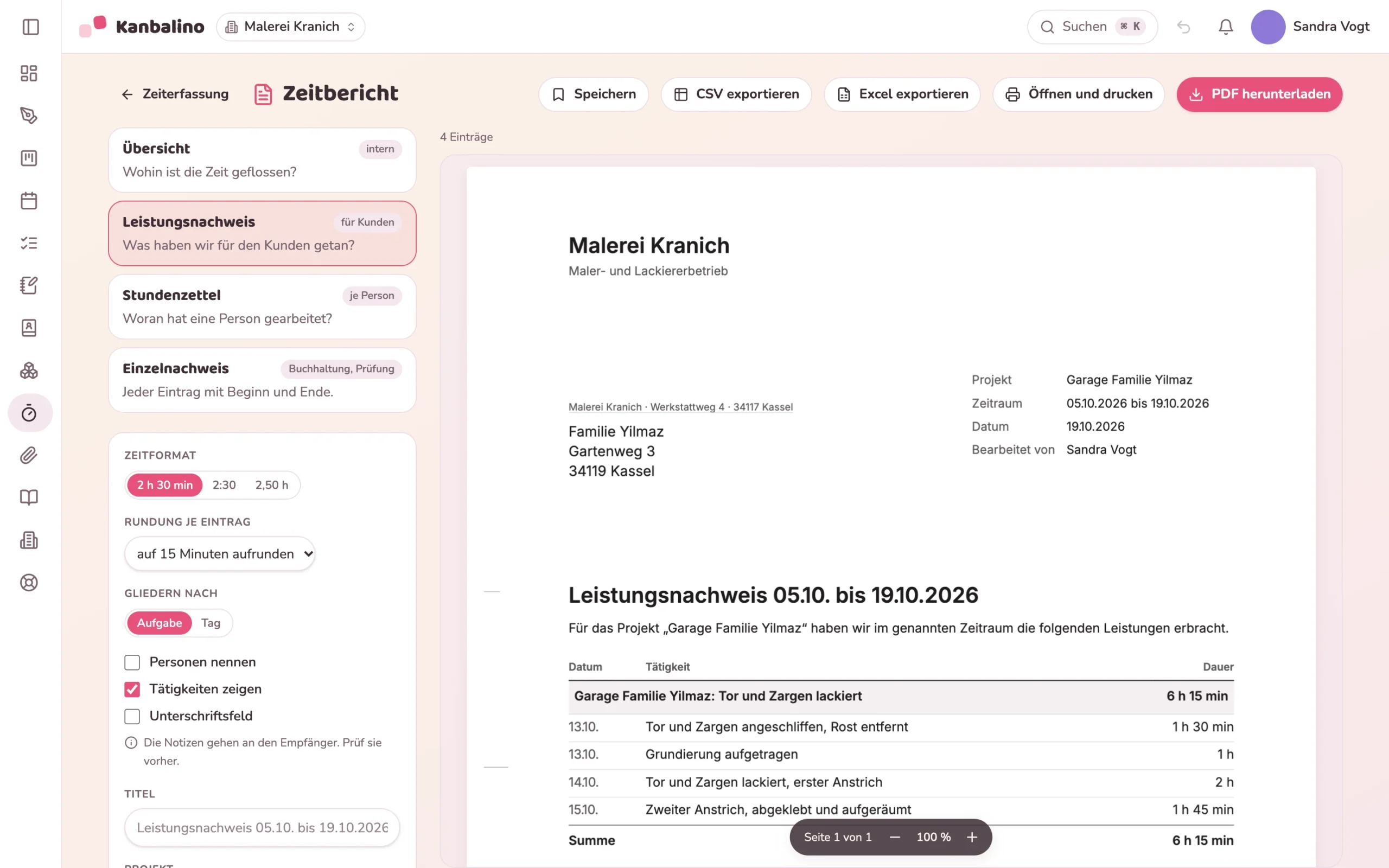 Leistungsnachweis eines Malerbetriebs für Lackierarbeiten an einer Garage
