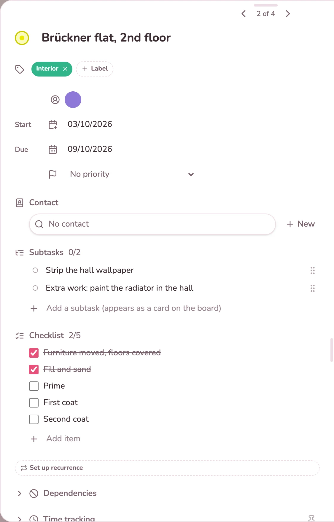 Job card for a flat with a checklist and two subtasks