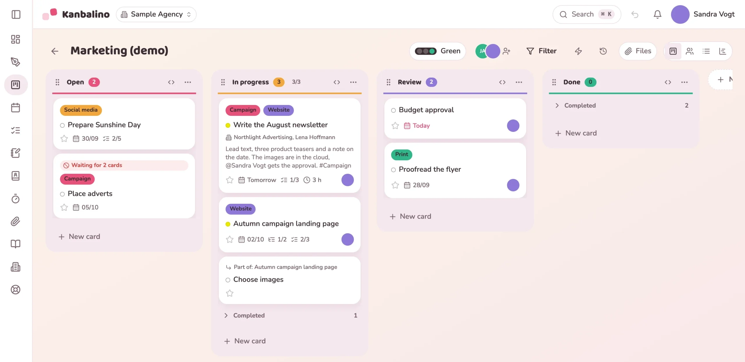 Kanban board in Kanbalino with columns and cards
