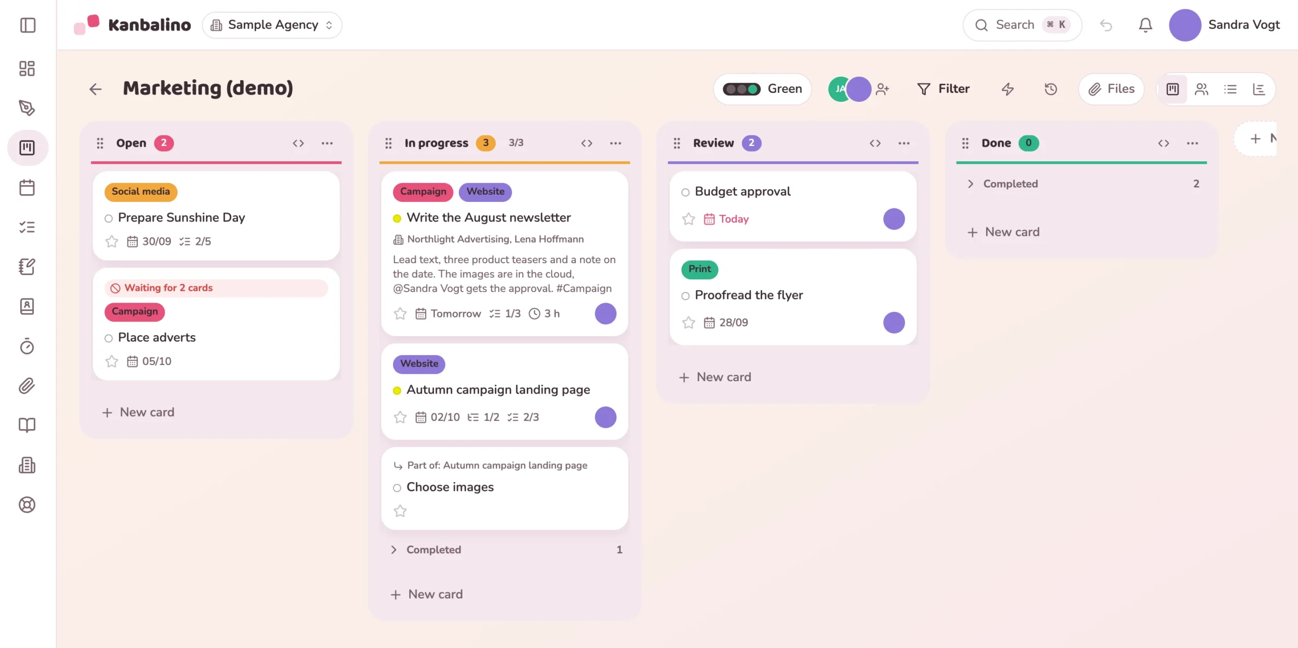 Kanban board with cards, dates and assignees