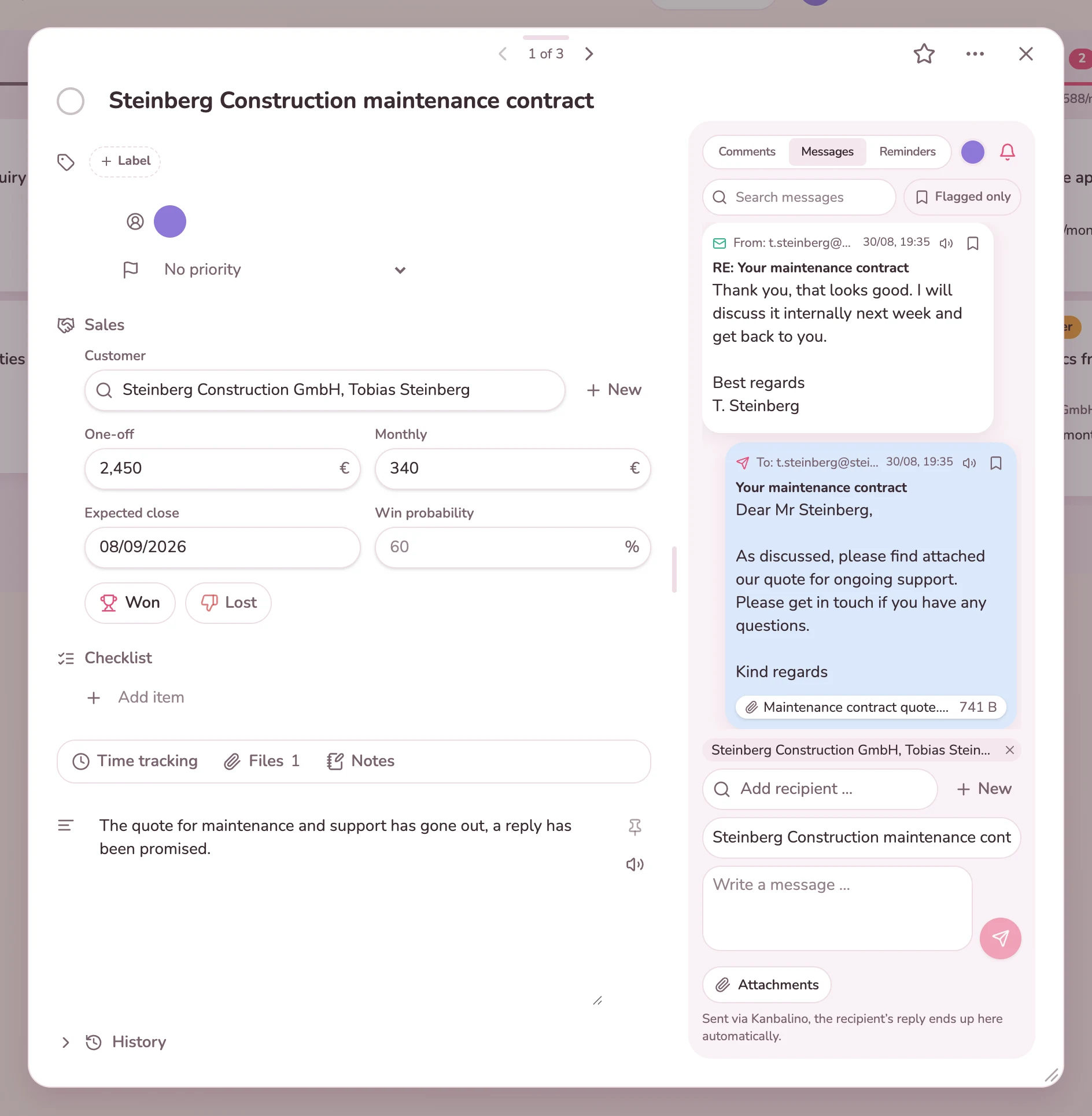 Messages tab on a sales opportunity: the customer’s reply and your own email with a PDF attachment, highlighted in light blue, below it recipients, subject, the message field and the Attachments button