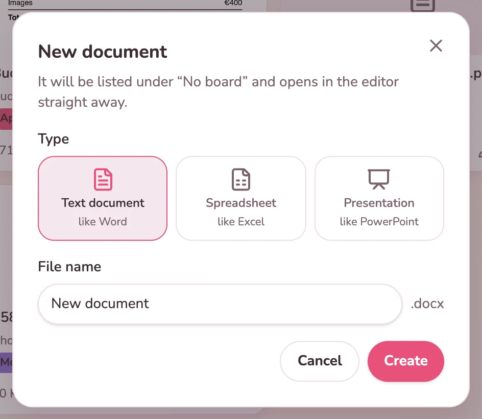 The “New document” window with Text document, Spreadsheet and Presentation and the field for the file name