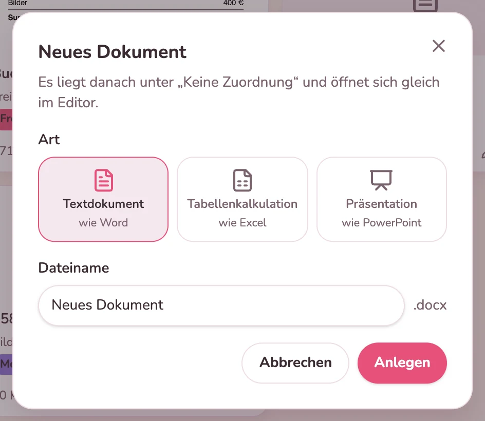 Fenster „Neues Dokument“ mit Textdokument, Tabellenkalkulation und Präsentation