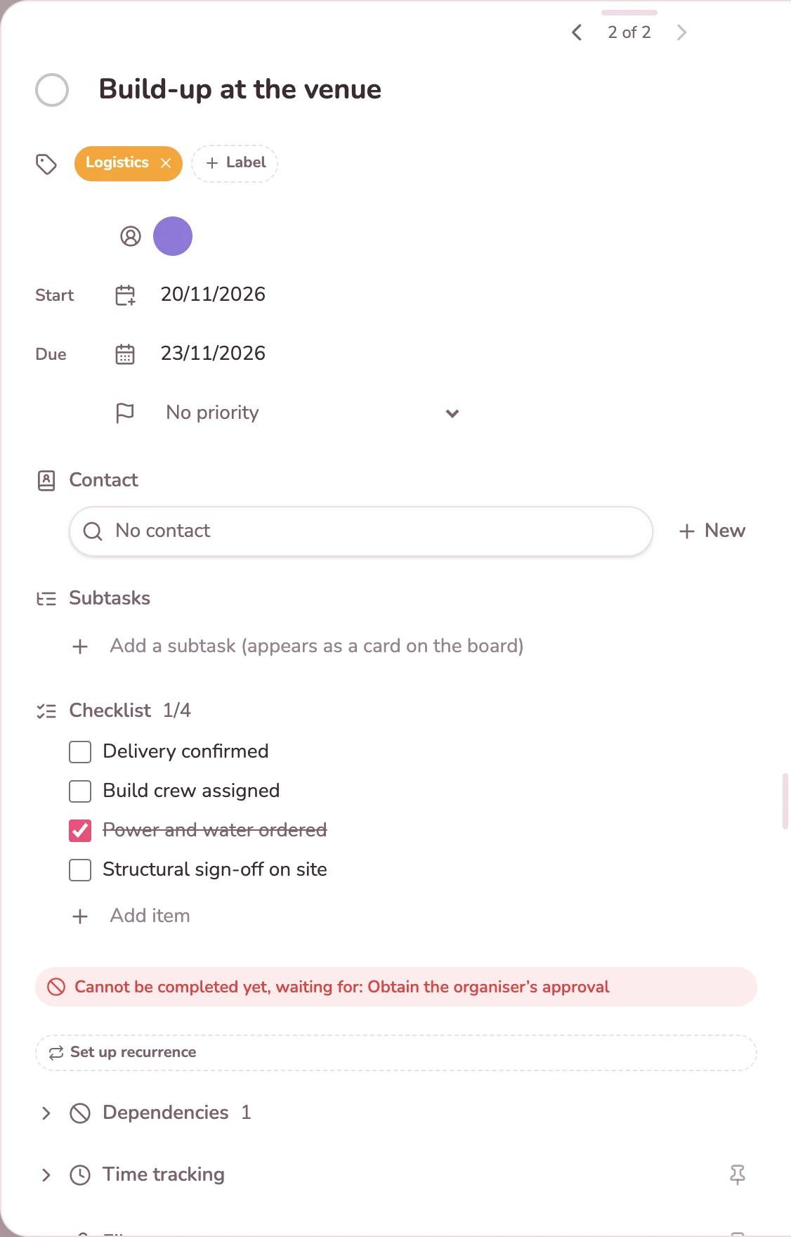 Set-up card with a checklist and a notice about the missing approval