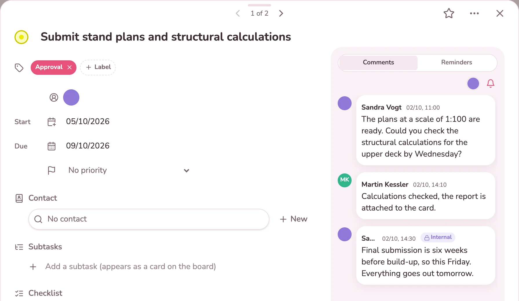 Stand plans card with the structural engineer’s reply and an internal note