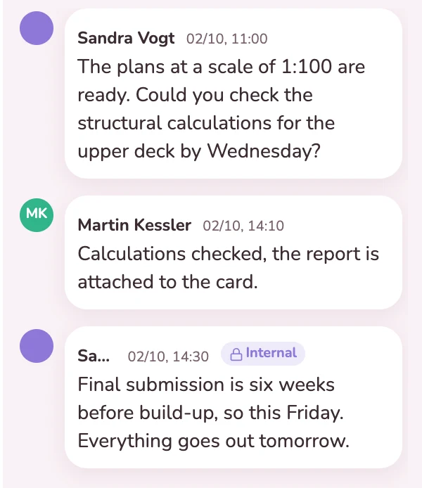Discussion with the structural engineer on the stand plans card, plus an internal note