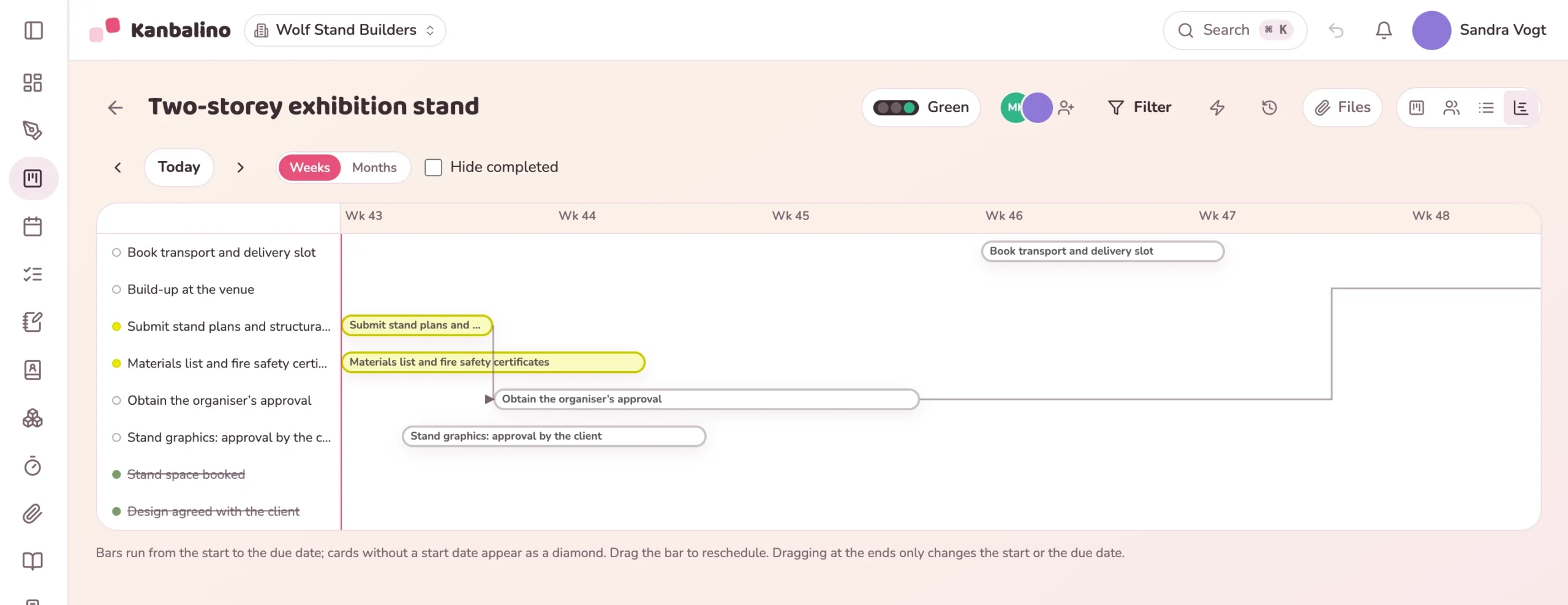 Timeline of an exhibition stand with connected tasks