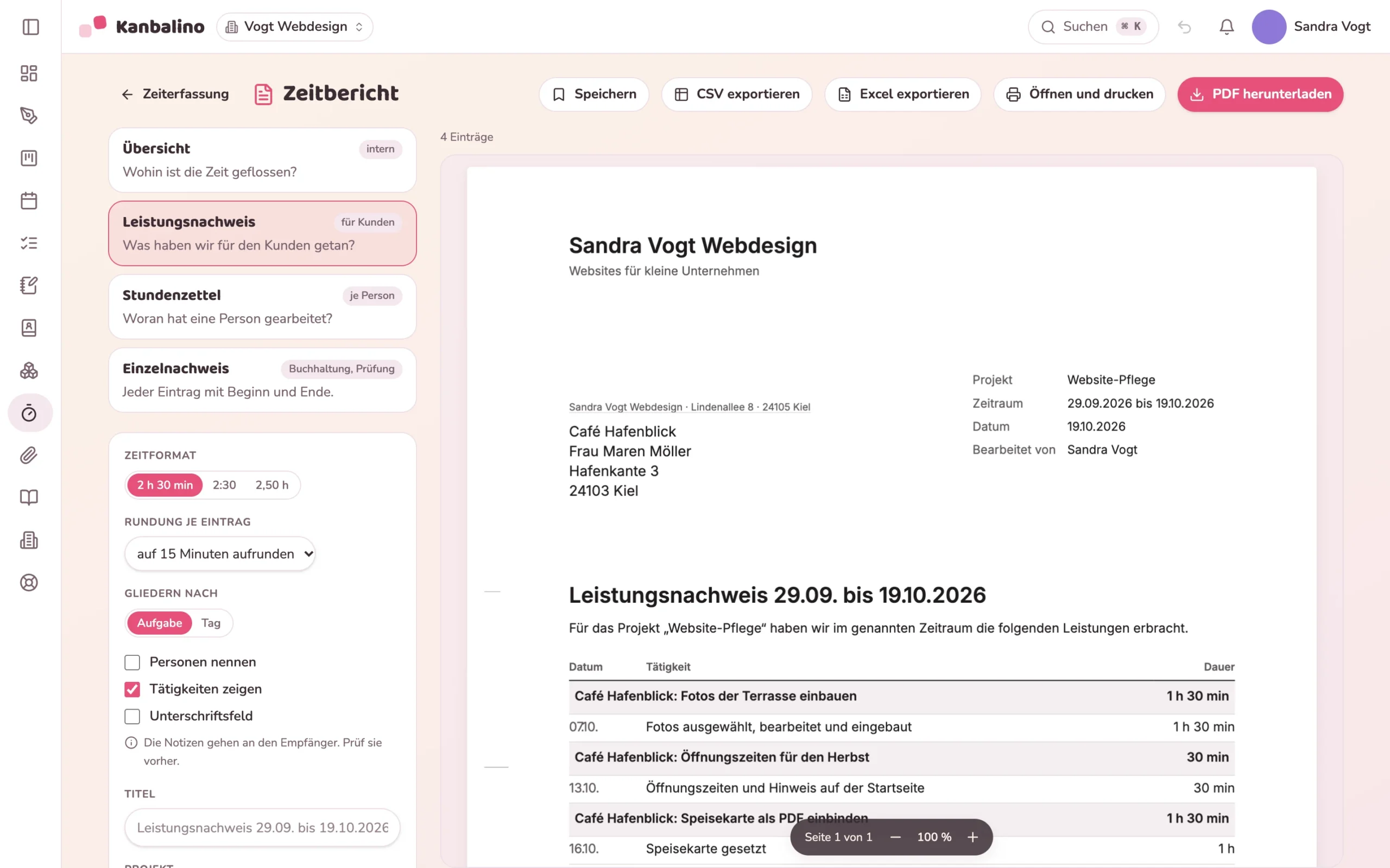 Leistungsnachweis für ein Café mit Briefkopf und Leistungen je Aufgabe