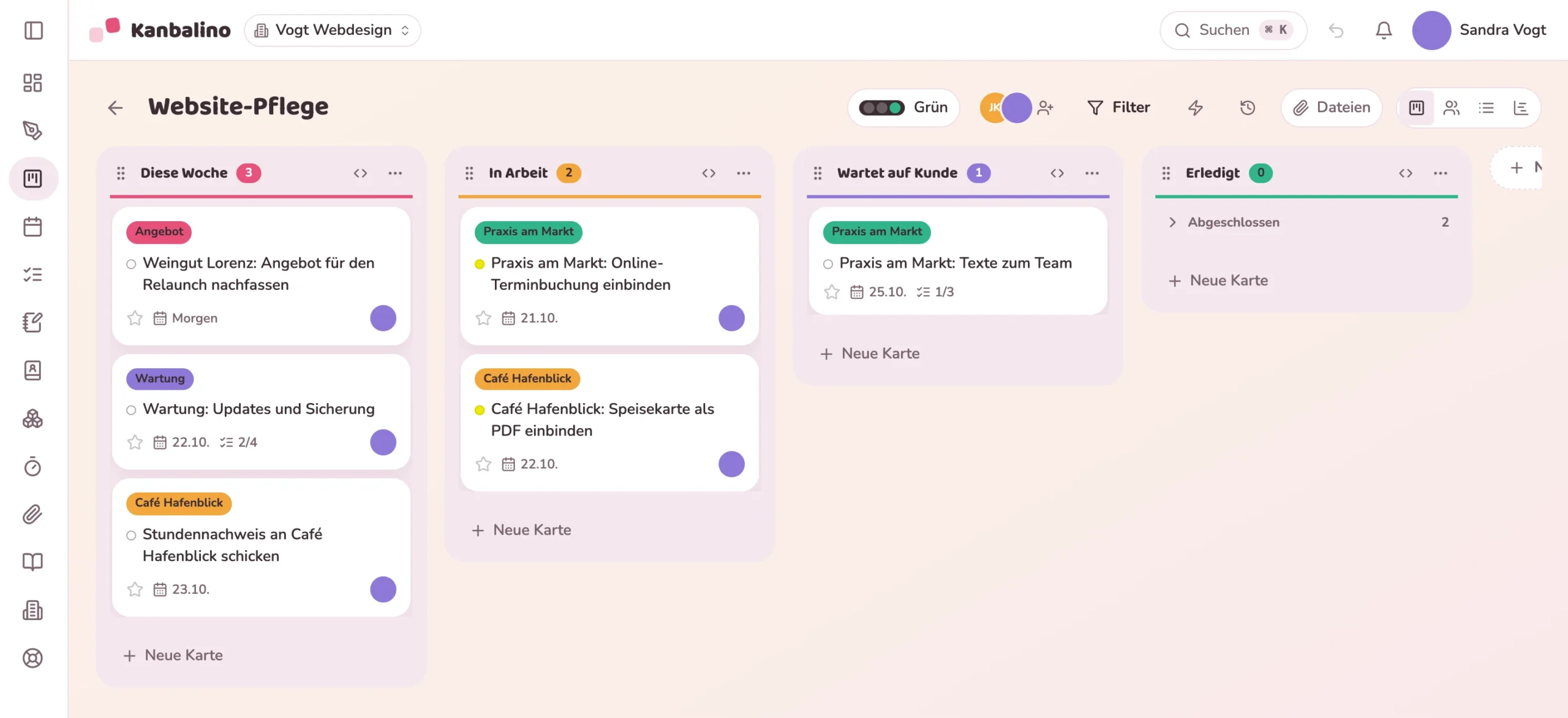 Board einer freien Webdesignerin mit Aufträgen mehrerer Kunden