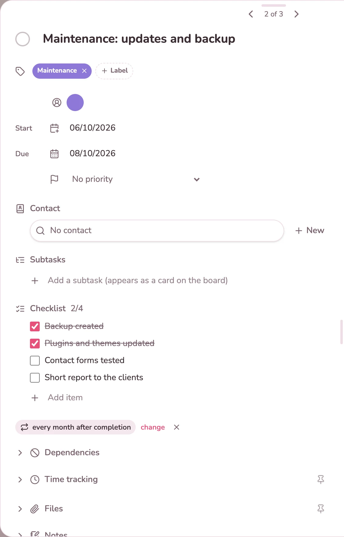 Card for the monthly maintenance with a checklist and recurrence