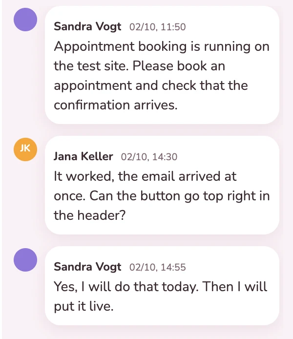 A client’s feedback on the card for the appointment booking