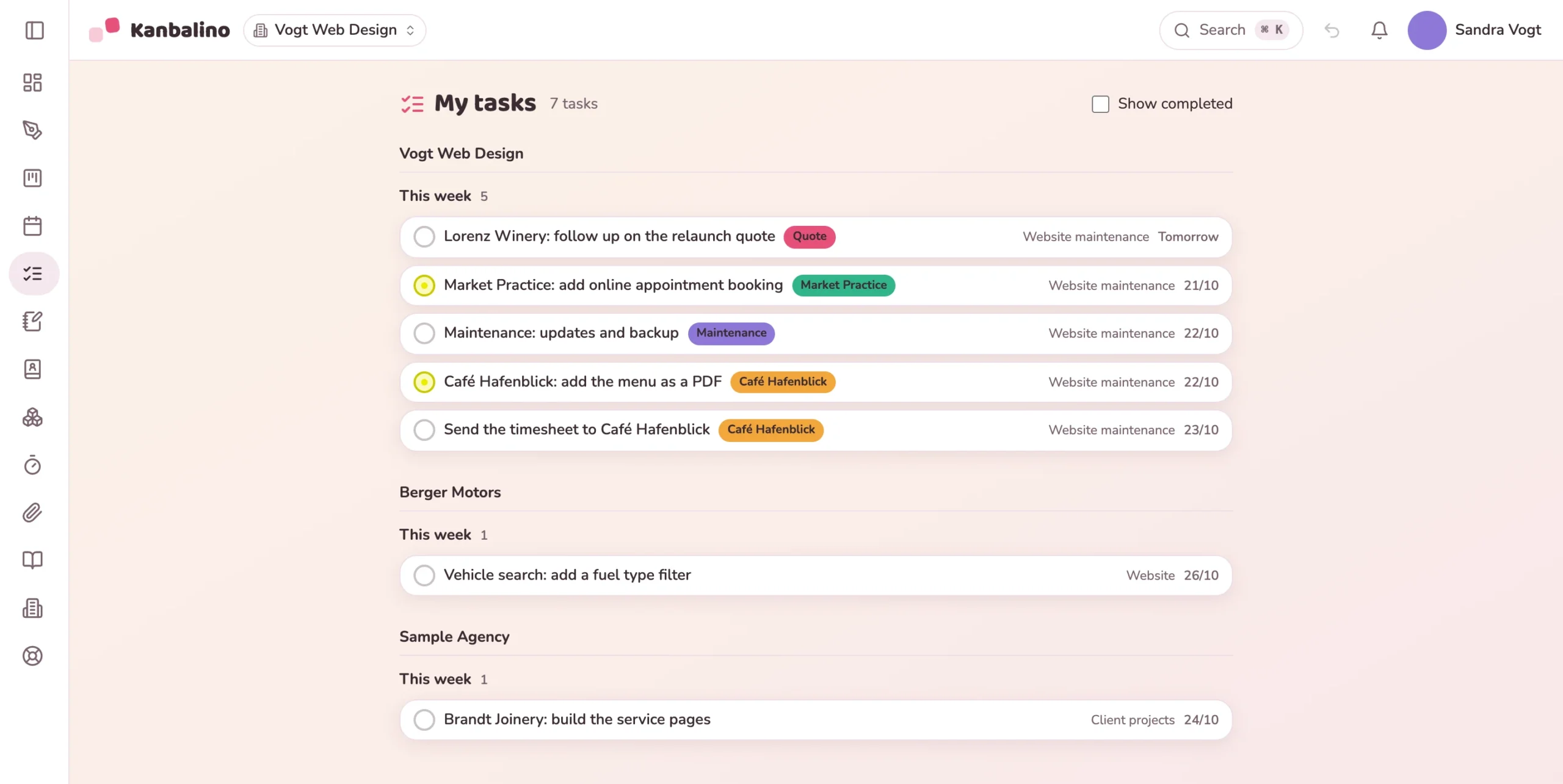 “My tasks” with tasks from three workspaces