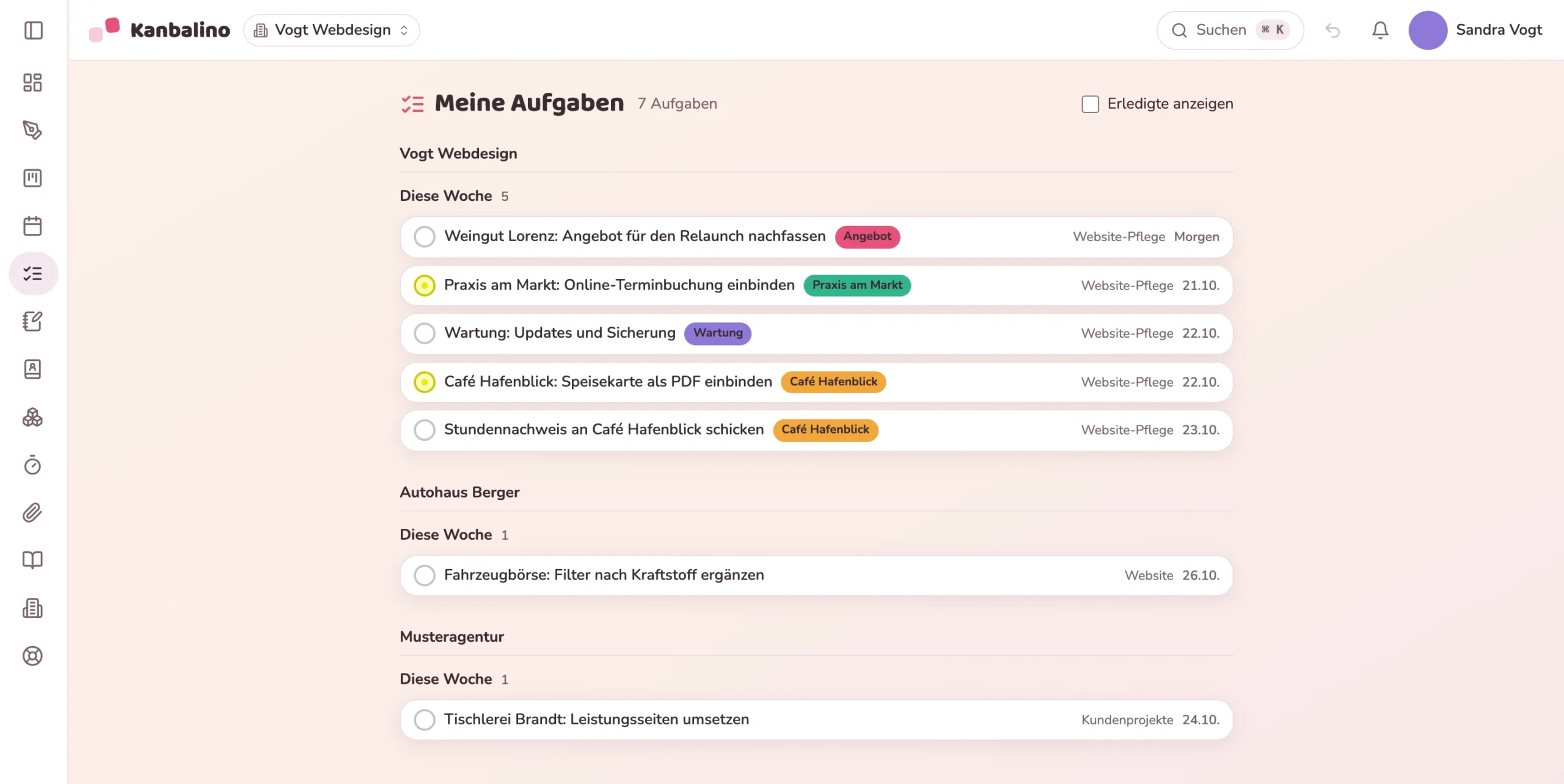 „Meine Aufgaben“ mit Aufgaben aus drei Arbeitsbereichen