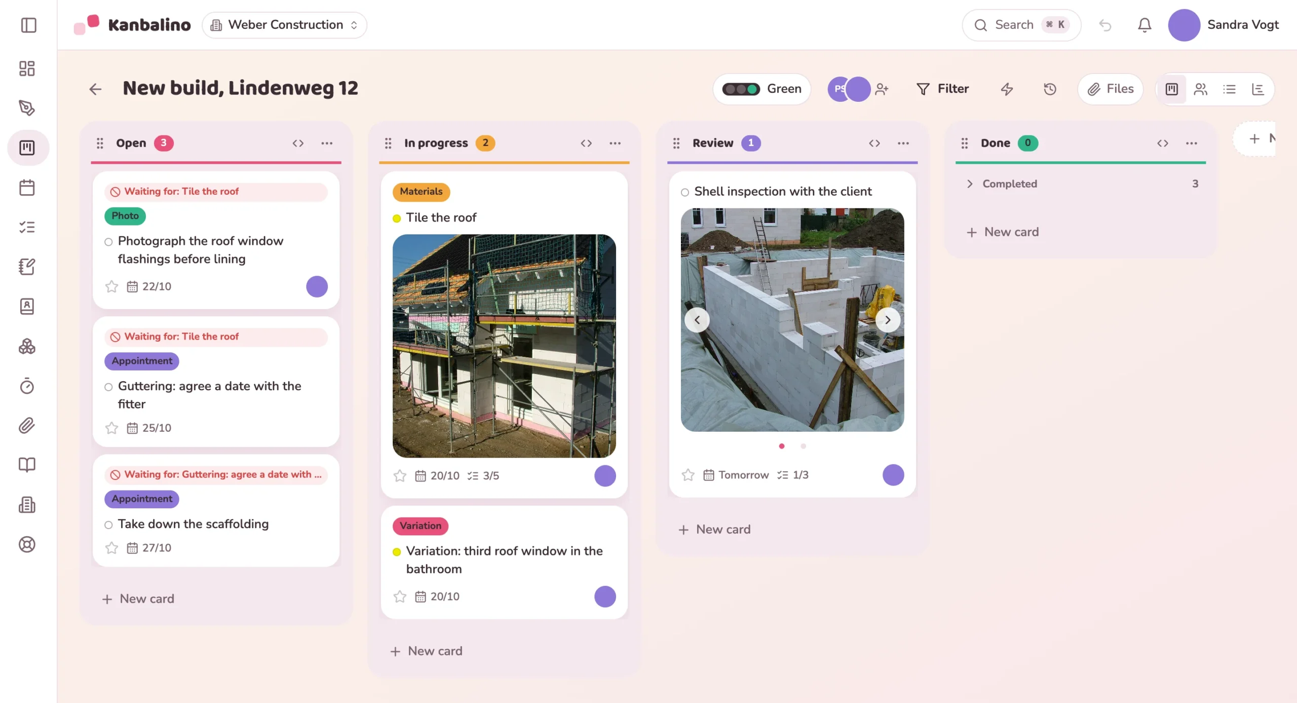 Board of a new build with site photos, dates and dependencies