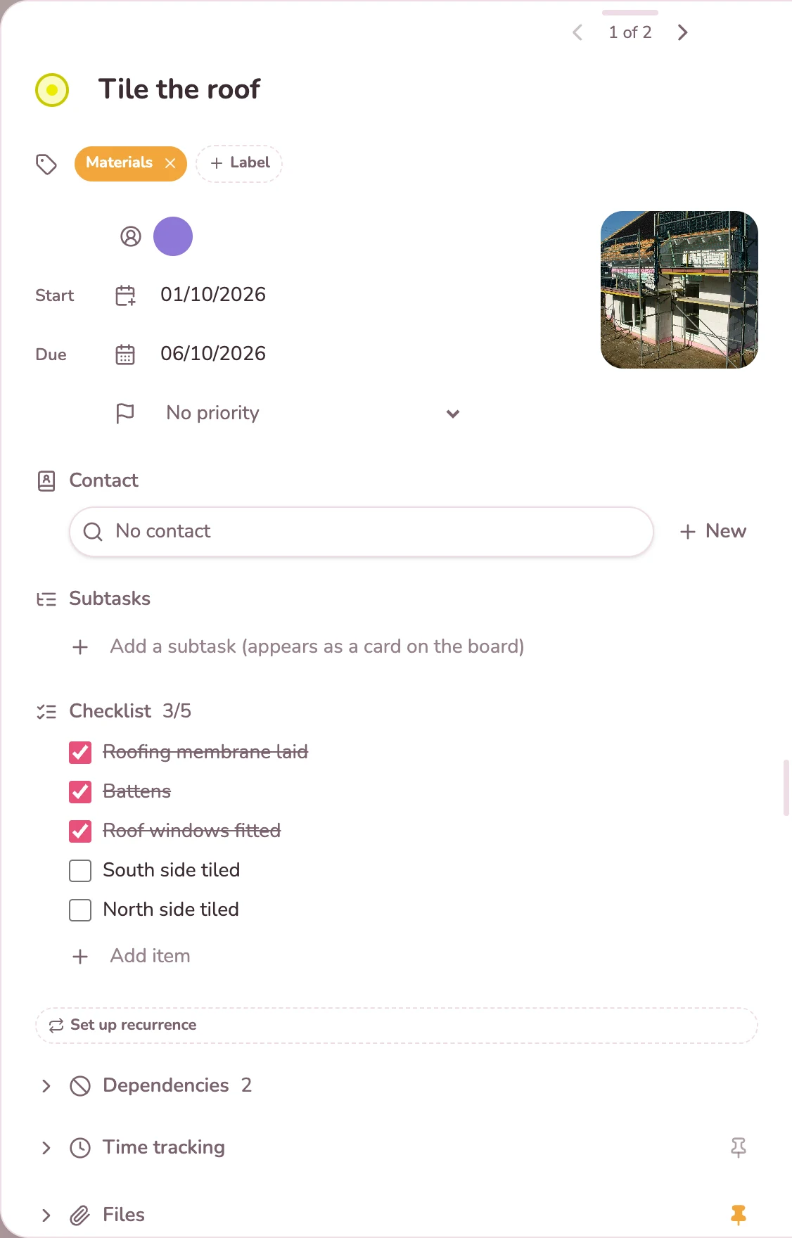 Card with a site photo and a checklist