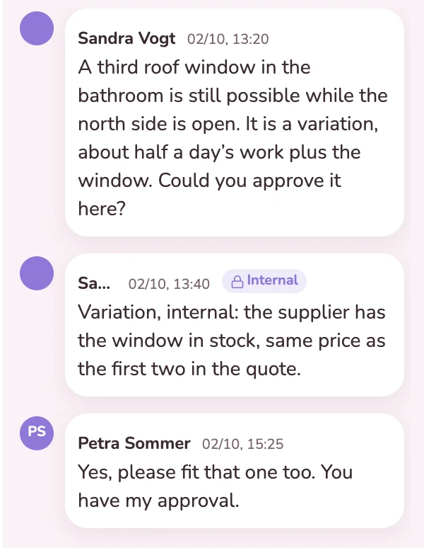 Question about the extra work, an internal note and the client’s approval on the card