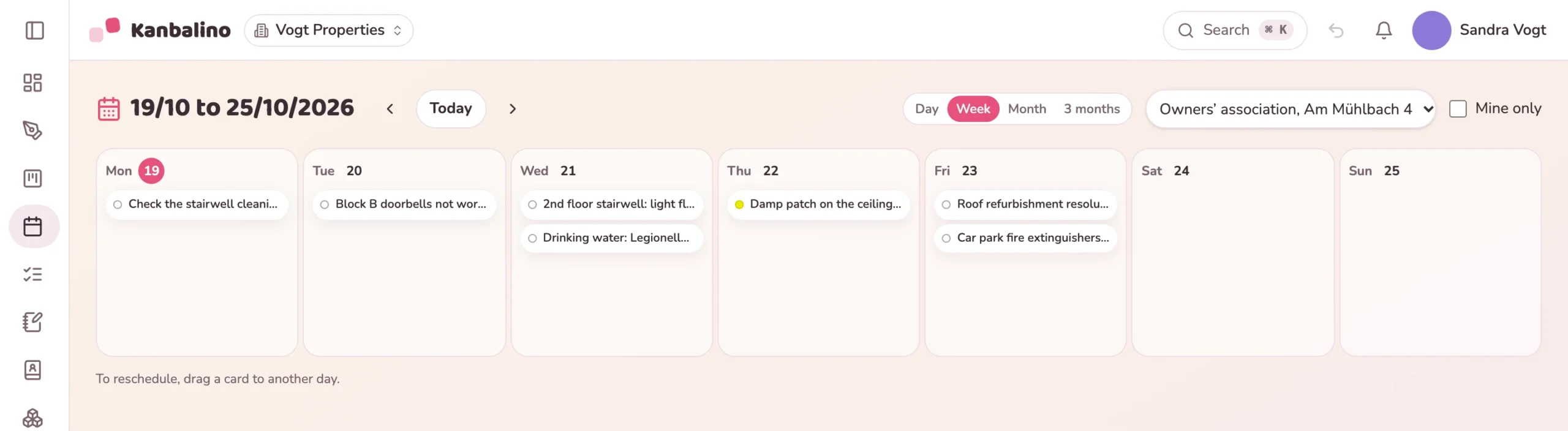 Weekly calendar of a property with inspections and tradespeople’s appointments
