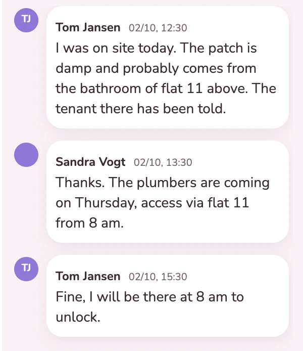 Discussion between caretaker and property manager on the card for a case of water damage