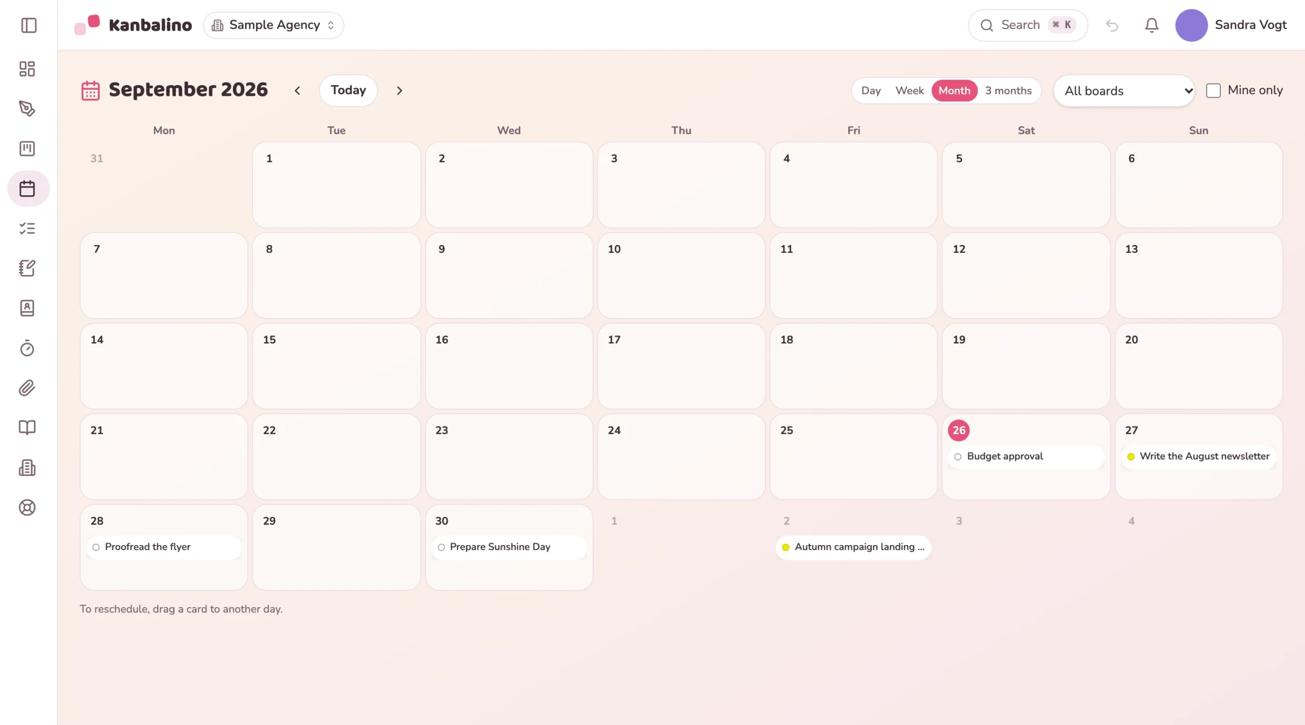 Month view of the calendar with cards on their due dates