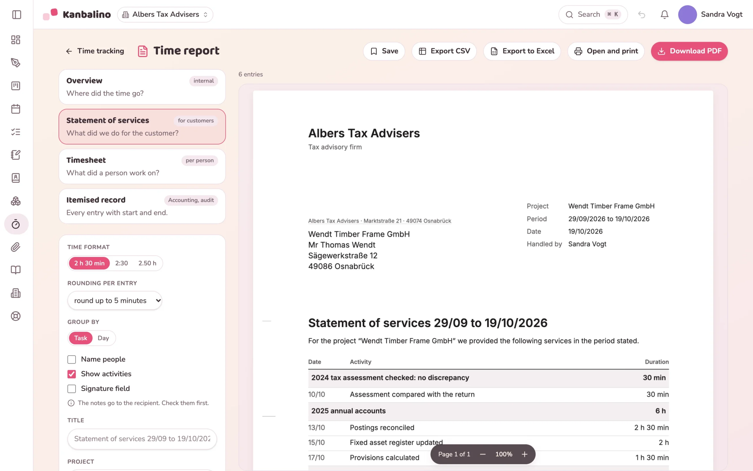 Statement of services for a client with letterhead and activities per task