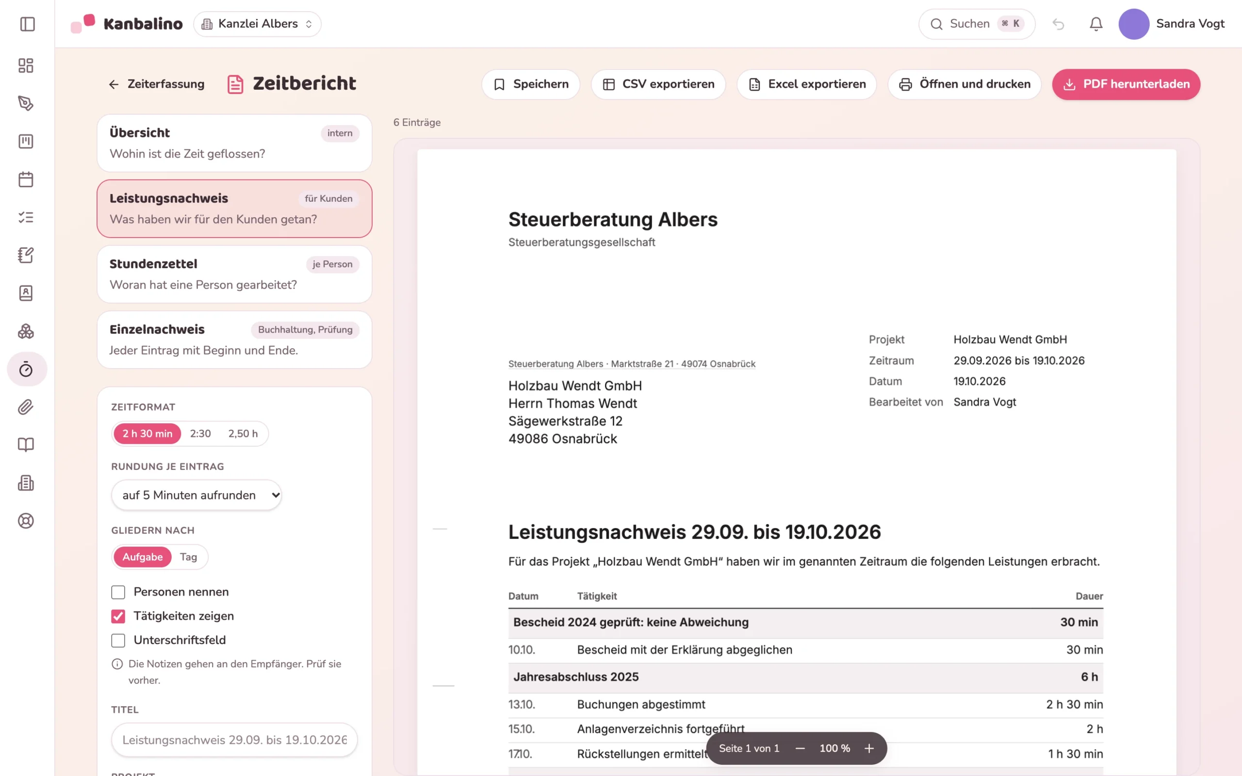 Leistungsnachweis für einen Mandanten mit Briefkopf und Tätigkeiten je Aufgabe