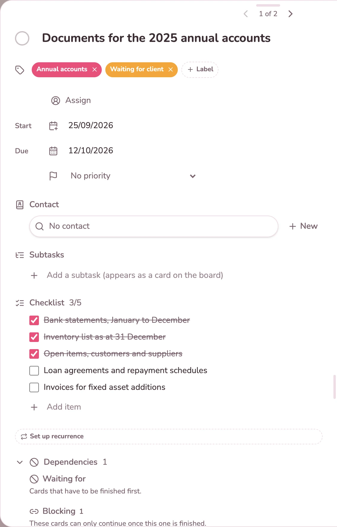 Card with a checklist of the documents and a dependency