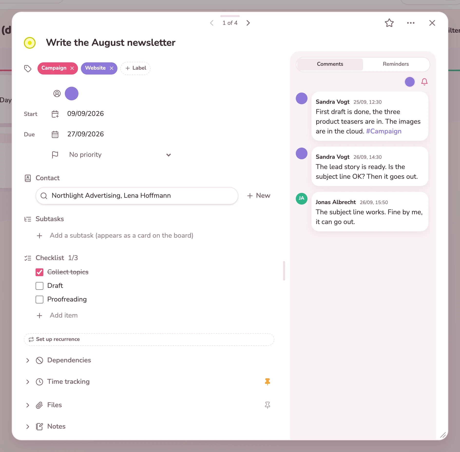 The conversation is attached to the task