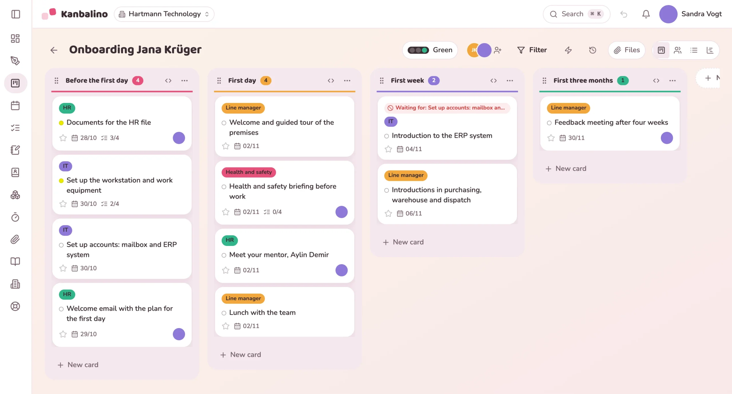 Onboarding board for a new colleague with tasks before the first day, on the first day and in the first week