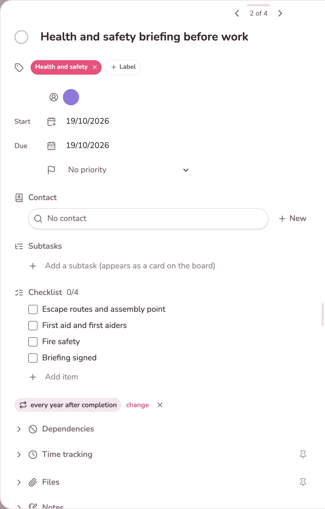 Card for the health and safety briefing with a checklist and yearly recurrence