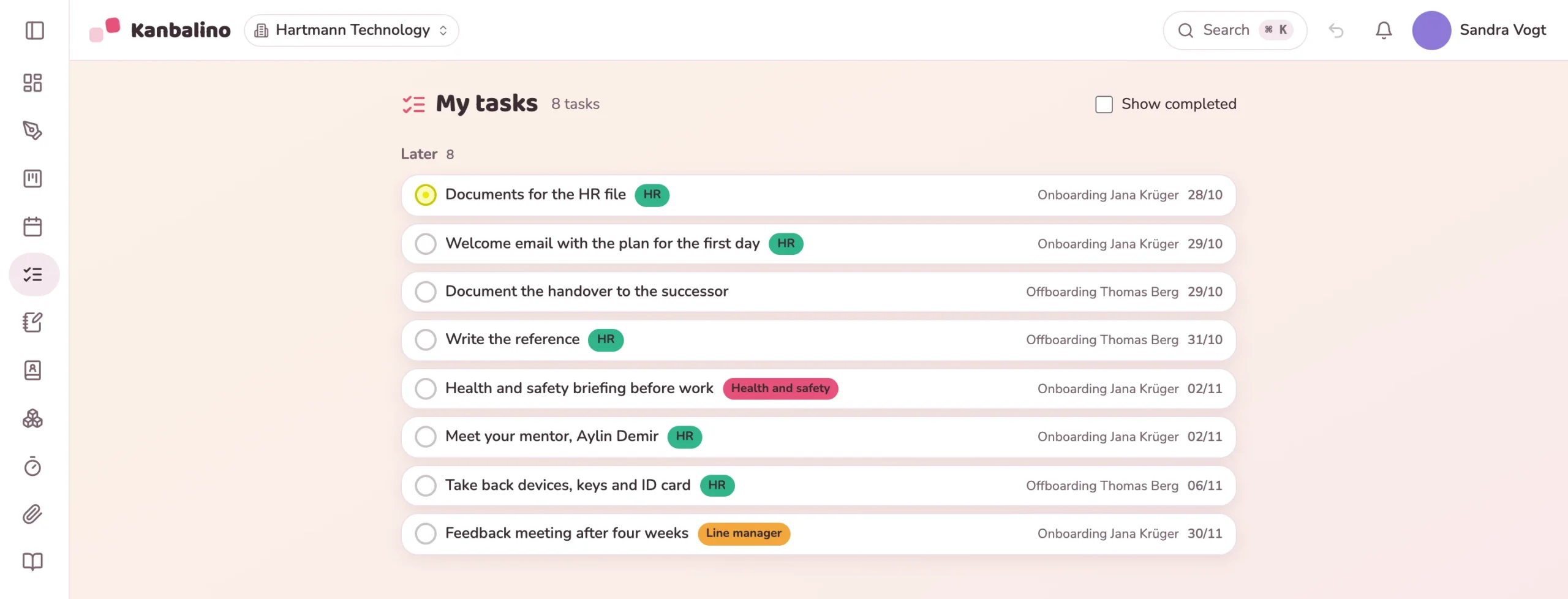 “My tasks” of the HR department with tasks from onboarding and from a colleague leaving