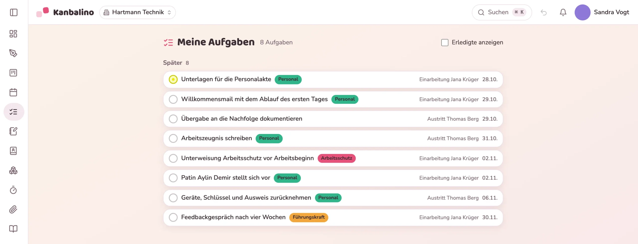 „Meine Aufgaben“ der Personalabteilung mit Aufgaben aus Einarbeitung und Austritt