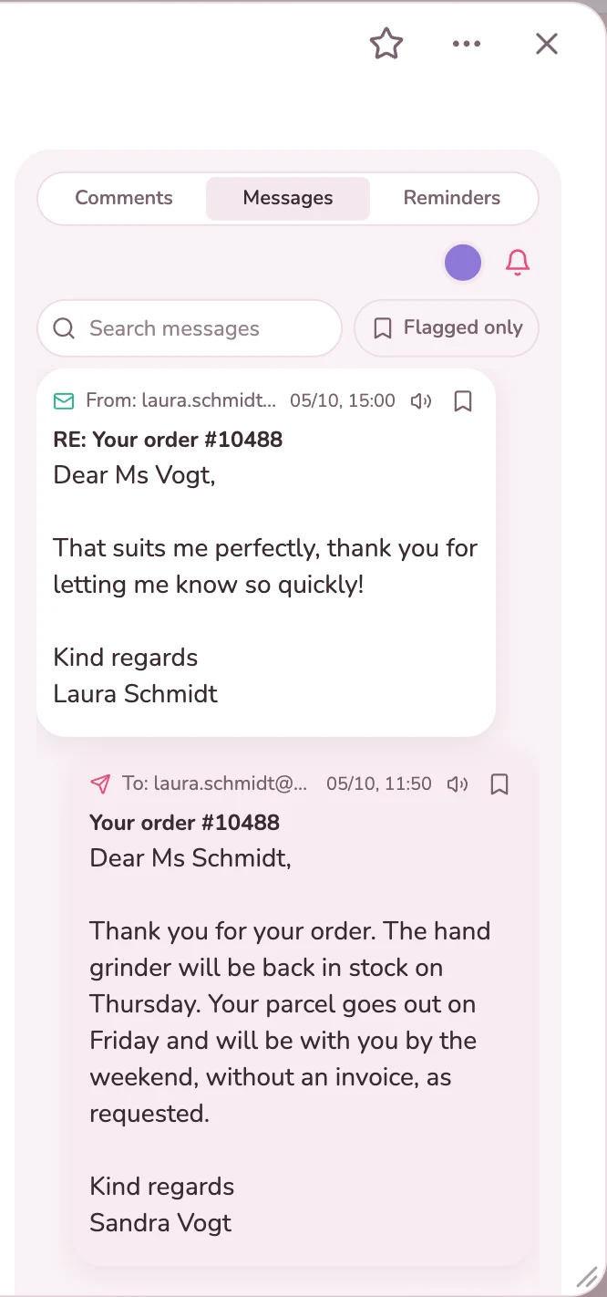 Email to the customer and the customer’s reply in the Messages tab of the order card