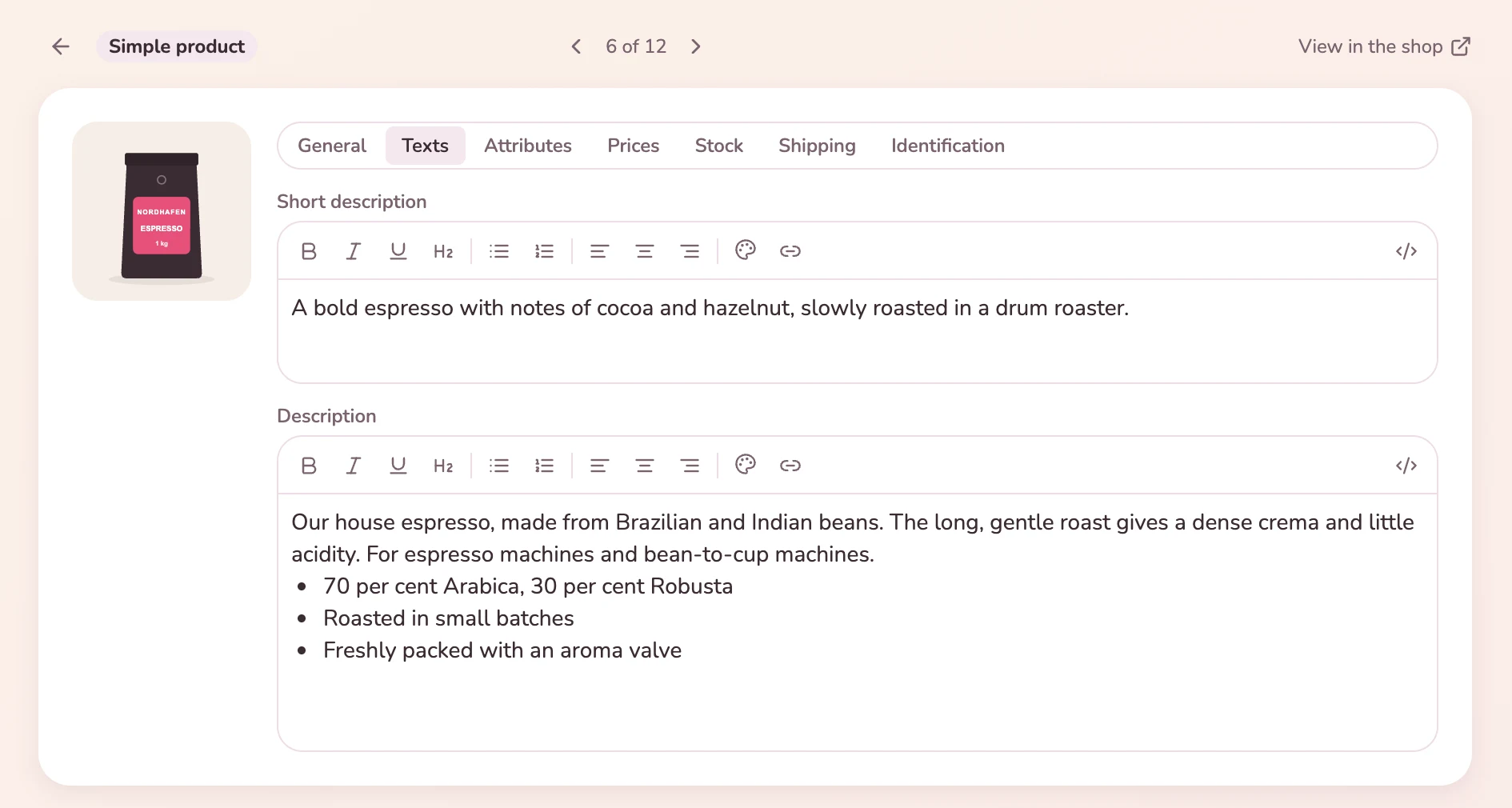 Product view of an espresso with image, tabs and editable short description and description