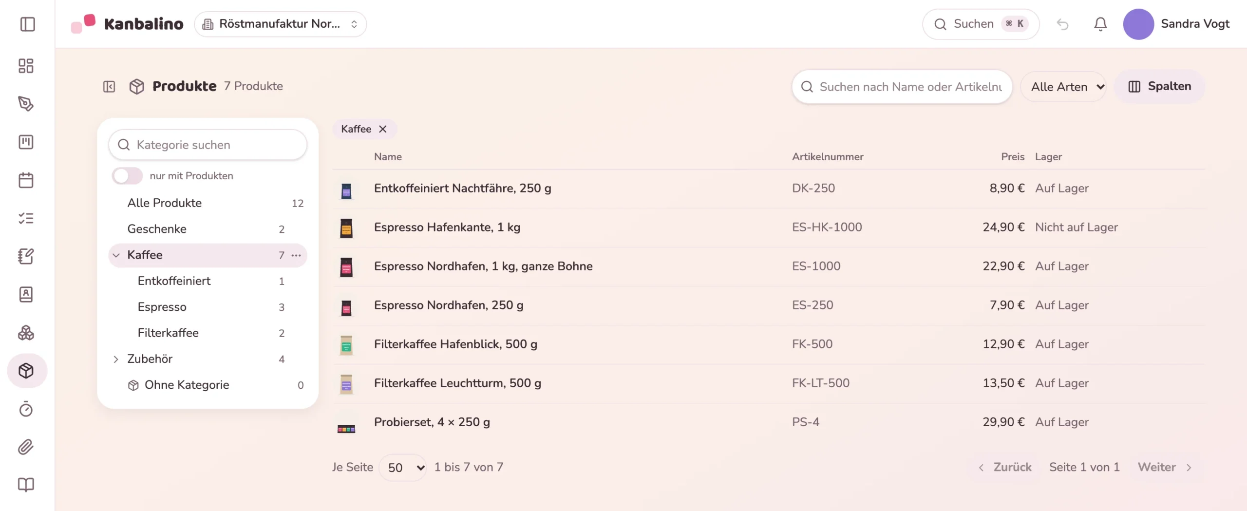 Produkte des Shops mit Kategoriebaum, gefiltert auf Kaffee mit den Unterkategorien Espresso, Filterkaffee und Entkoffeiniert