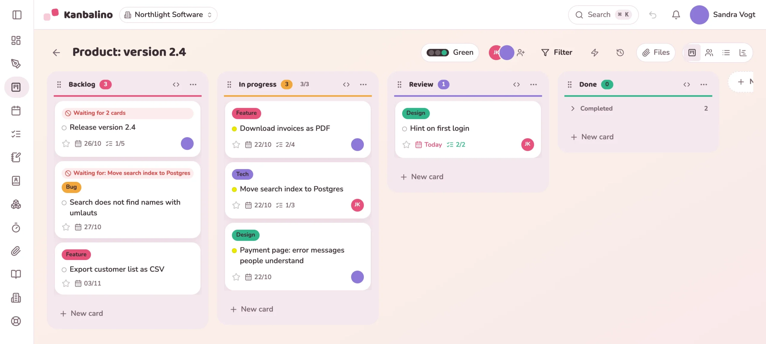 Board of a product team with Backlog, In progress with a limit of three, Review and Done