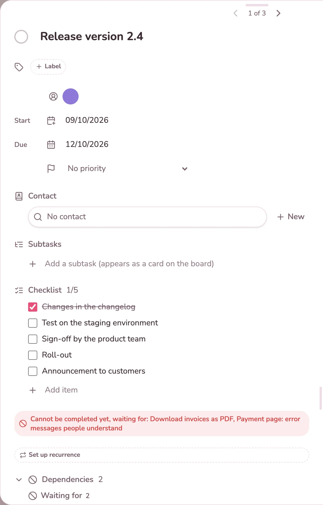 Card “Ship version 2.4” with a checklist, waiting for two other cards