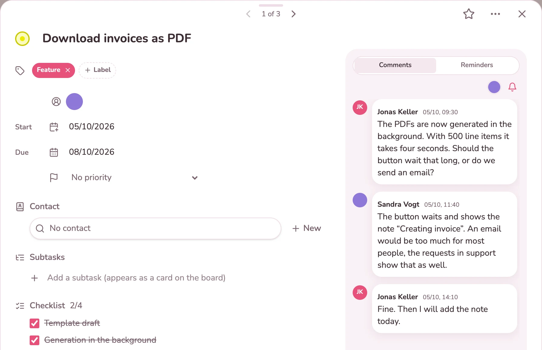Card “Download invoices as PDF” with a checklist and comments