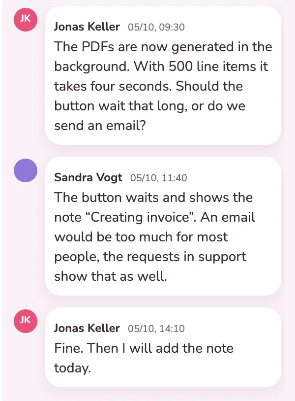A developer and the product owner clarify on the card how the PDF export behaves