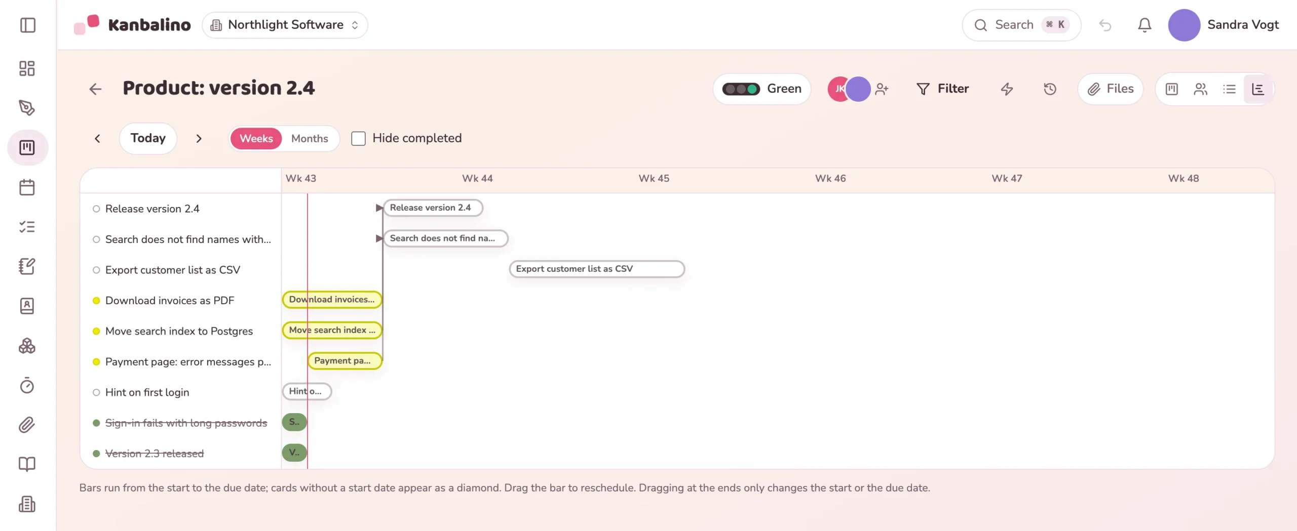 Timeline with dependencies between the cards up to the release