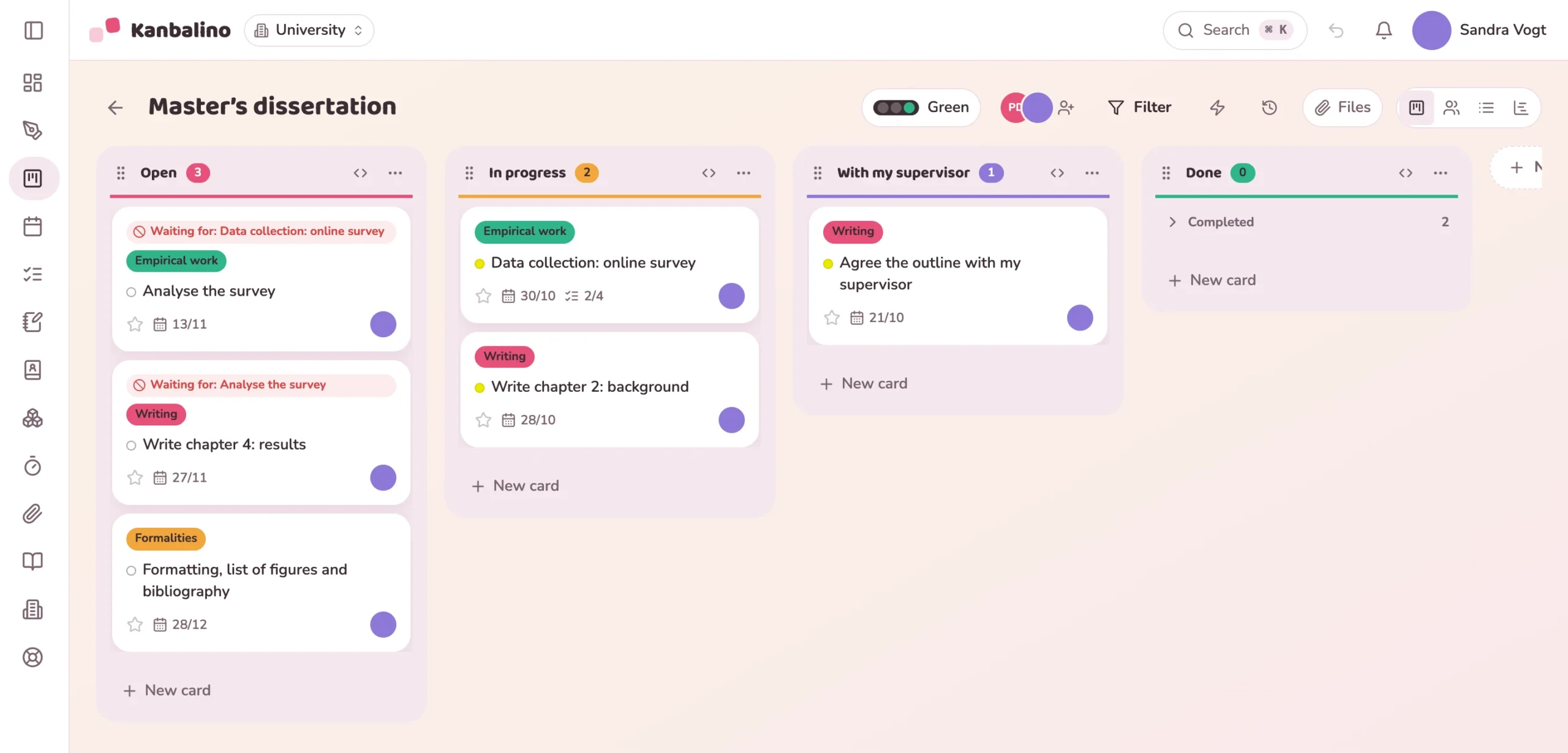 Board of a master’s thesis with chapters, survey, dependencies and discussion with the supervisor