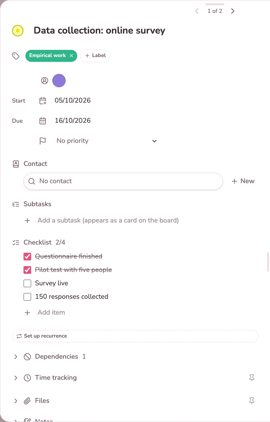 Data collection card with a checklist, two of four steps done