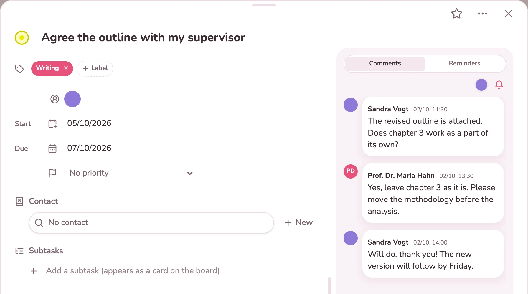 Outline card with feedback from the supervisor