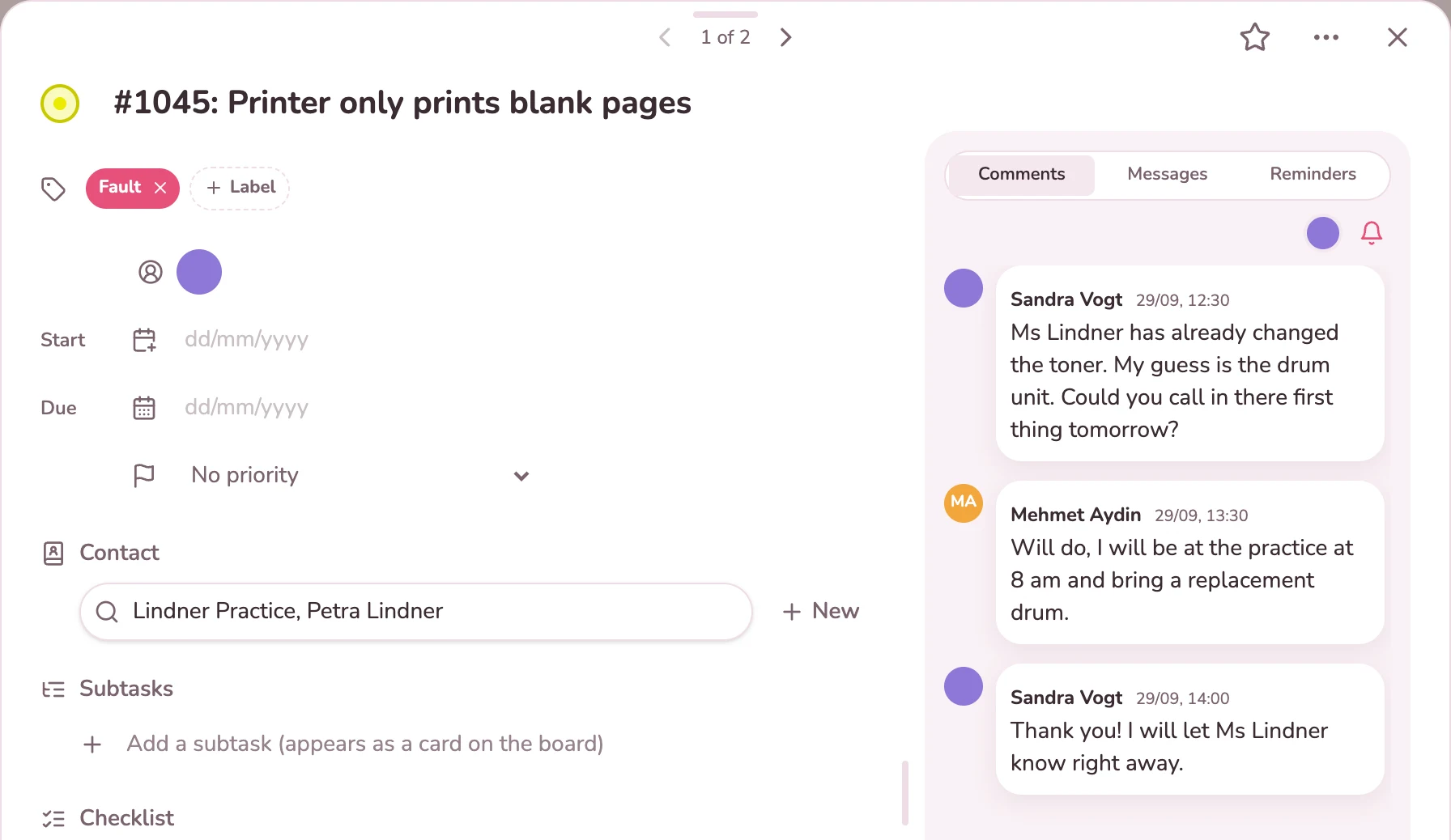 Request with number, the customer’s contact and discussion in the team