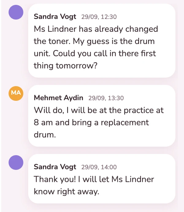 Team discussion on the request about the printer