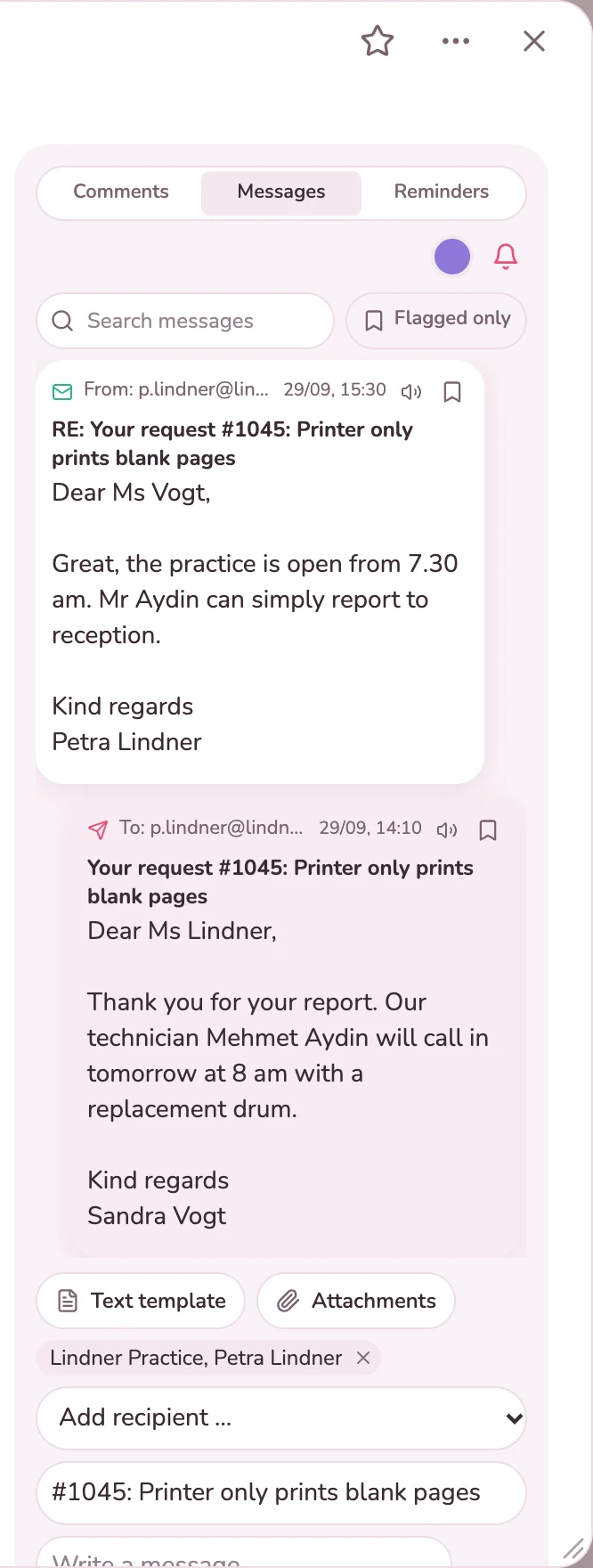Reply to the customer and her response in the Messages tab of the request