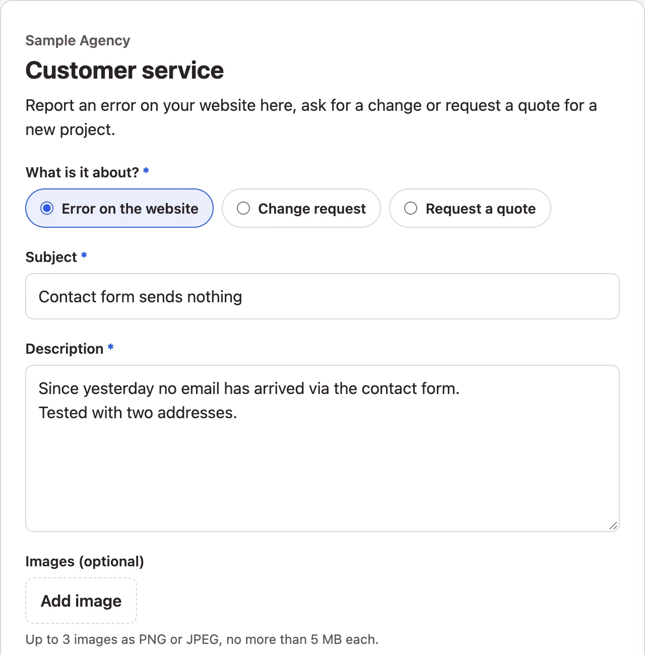 Public form with category, subject and description