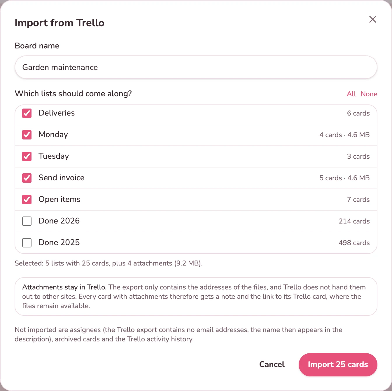 Import dialog in Kanbalino: Trello lists to tick, two old done lists are deselected