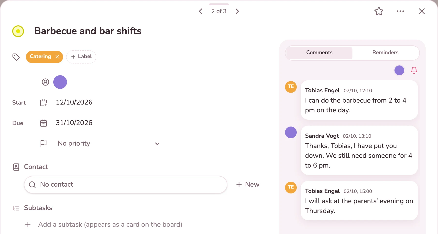 Card with the shifts for barbecue and bar, with replies from a helper