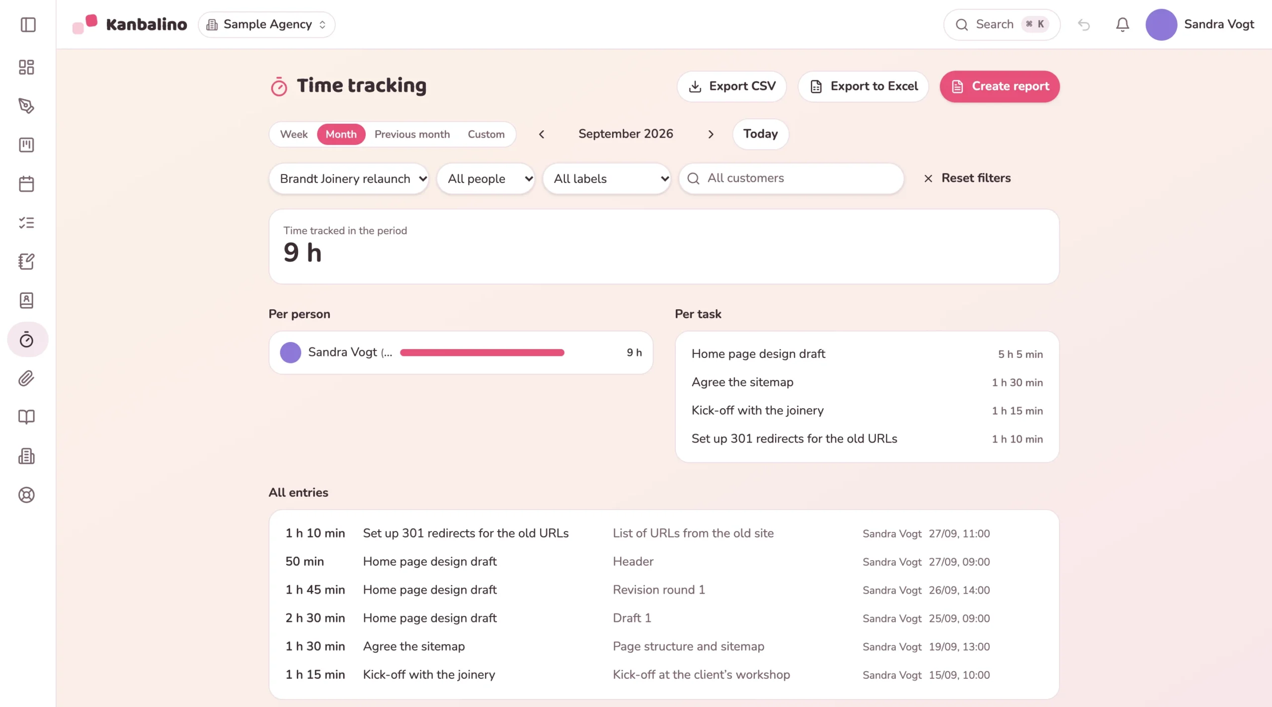 Time tracking for a month: tracked time per person and per task, below it all entries with their notes